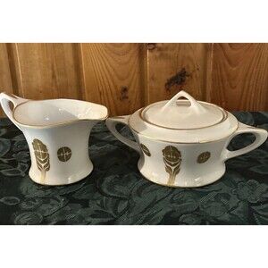 Antique Art Deco Royal Rochester Cream Sugar Set Fraunfelter Ohio Pottery Gold